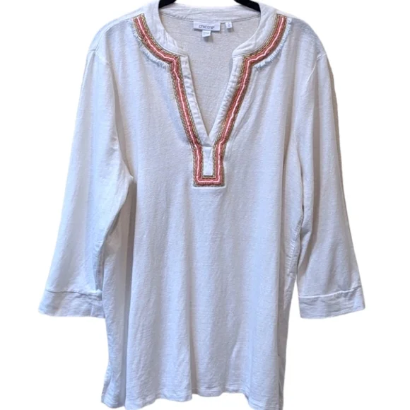 Chico's Beaded Embellished Notched Crew Neck 3/4 Sleeve White Linen Top (XL) - Picture 3 of 8